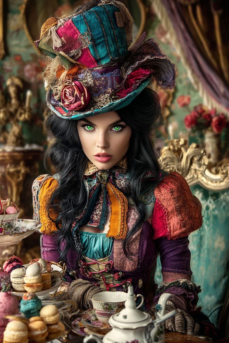 Woman hat tea teacup teapot table cake dress fashion fantasy costume makeup jewelry accessories A woman with long black hair is sitting at a table with a teapot and a plate of colorful macarons. She is wearing a colorful costume with a large, multicolored hat adorned with a red rose. Her eyes are green, and she has a serious expression. Behind her, there is a wall with a gold frame and a vase of red flowers.