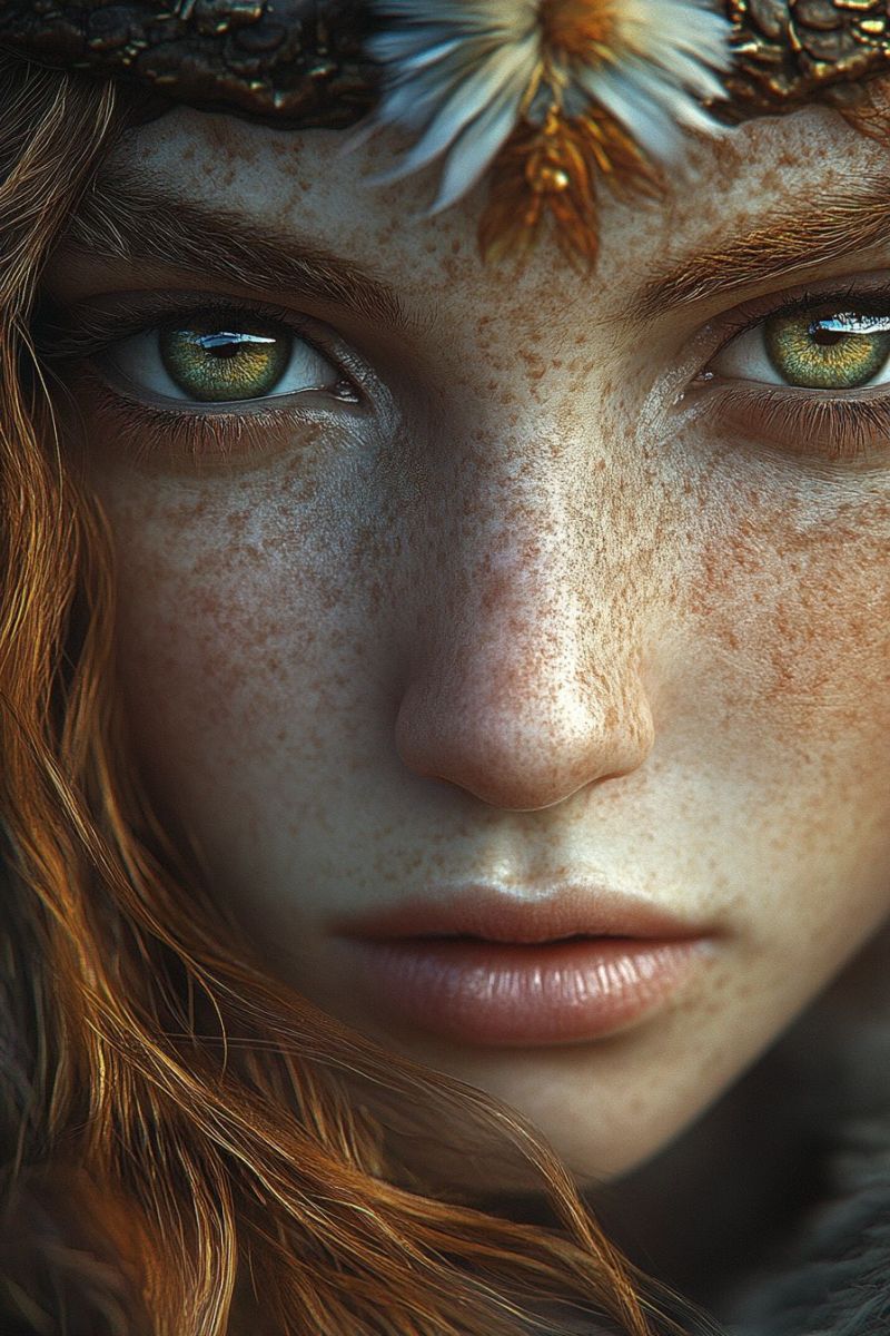 Female fantasy science fiction realistic rendering red hair earring tribal tattoo spiritual imagery eye contact young woman with a fair complexion. Her skin has a freckled pattern, which is concentrated on her cheeks and around her eyes. She has long, dark hair that falls past her shoulders, and her eye color appears to be a mix of green and hazel tones. The woman's gaze is directed towards the camera with an intense or contemplative expression. She is wearing elaborate makeup and fantasy-themed attire; her right eye is accentuated with dramatic eyeliner, false eyelashes, and a dark shadow around it, which gives her a mystical or otherworldly appearance. The makeup on her face includes contouring that highlights her cheekbones and the hollows under her eyes, as well as a prominent contour around her mouth to define her lips. The woman is also wearing what seems to be a headpiece with feathers, suggesting a connection to nature or an interest in fantasy fashion. The background is minimalistic, with warm tones that enhance the subject's features without being overly distracting. There are no visible texts on the image.