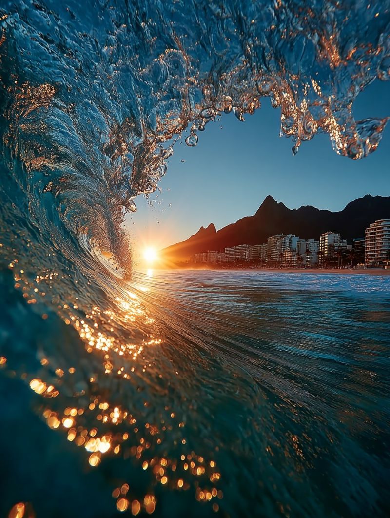 Ocean wave sun sunset water sky beach mountain building city reflection nature sea coast horizon architecture travel The image captures a breathtaking view of a large wave breaking on a beach at sunset. The wave is large and powerful, with water splashing up and creating a dramatic scene. The sun is setting in the distance, casting a warm, golden light on the water and the surrounding area. The sky is a deep blue, with hints of orange and pink from the setting sun. In the background, there are several buildings and a mountain range, adding to the scenic beauty of the scene. The water is a deep blue color, with small bubbles and droplets of water visible in the foreground. Overall, the image conveys a sense of awe and wonder at the power and beauty of nature.