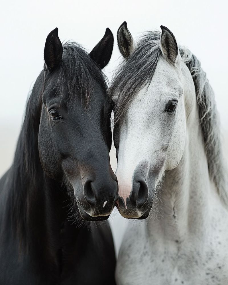 Cheval animal compagnie amitie gros nature faune mammifere equide animaux compagnon ami Deux chevaux se tiennent côte à côte, face à la caméra. Le cheval à gauche est noir avec un pelage lisse et brillant et une longue crinière flottante. Le cheval à droite est blanc avec une crinière grisâtre et quelques taches noires sur son corps. Les deux chevaux ont la tête rapprochée et leurs yeux regardent dans la même direction. L'arrière-plan est une surface unie de couleur claire.