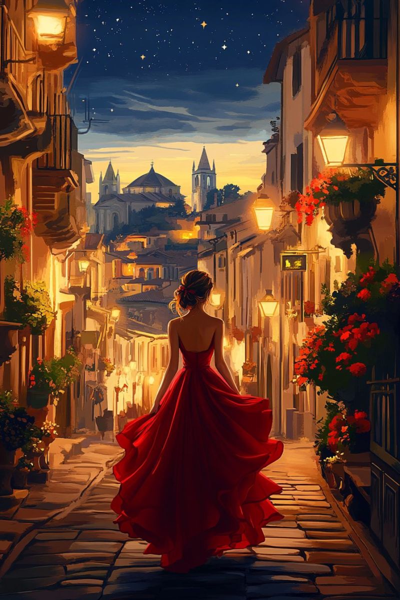 Cityscape romantic evening street night woman red dress walking down european architecture potted plants along outdoor dining area stars sky lam trio of female characters with ethereal, colorful designs that suggest they may be angels or celestial beings. They are standing close to each other on what appears to be a stylized beach at sunset. Each character has distinctly colored hair and is wearing flowing garments in hues that match their hair. The central figure is holding up what looks like the moon, which casts a radiant glow on her face and across her garment. In the background, there's an expansive sky with stars, suggesting the scene takes place at night. The horizon is adorned with warm, pastel colors in shades of orange, pink, and yellow, indicating either sunrise or sunset. There are no texts visible on the image. The style of the artwork is vibrant and somewhat surreal, with a focus on color and symbolism rather than realism.