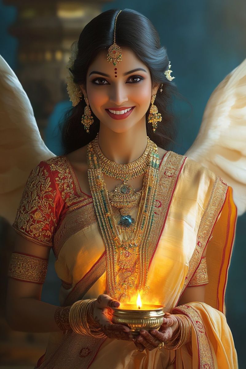 Angel devi godde indian jewelry religion woman tradition celebration ceremony beauty culture golden elegant spirituality festive decorative person dressed in traditional South Asian attire, which includes a saree and elaborate jewelry. This person is adorned with red and gold jewelry, such as necklaces and bangles, and is holding a candle in the form of a small diya. They have wings attached to their back, suggesting they may be representing an angel or a figure of mythology. The background gives a sense of being in a temple-like setting, with architectural details that contribute to the ambiance of the scene.