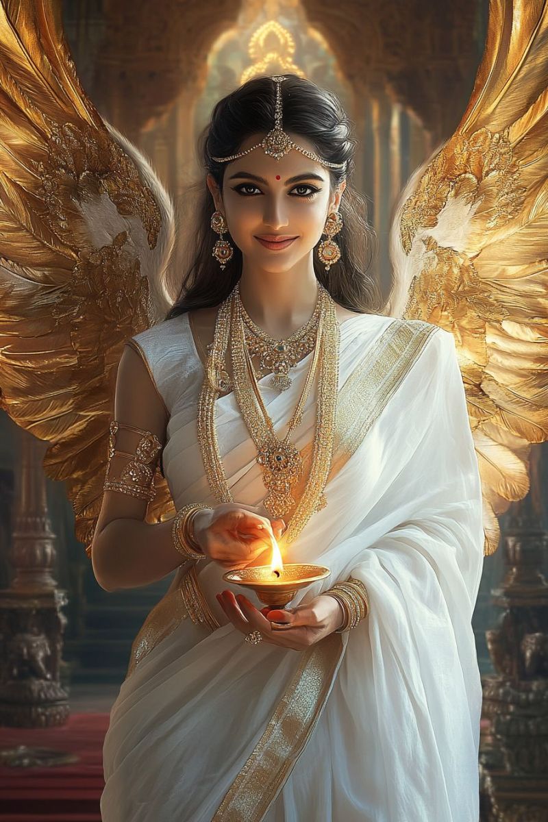 Angelic being female wing ancient temple backdrop jeweled adornment woman golden jewelry accessorie devotion symbolized lit candle goddess hope person with a striking gaze and a focused expression, possibly looking into the distance. The individual has a fair complexion and their hair appears to be brown. The background is dimly lit with golden yellow hues, which could suggest a magical or mystical theme. The person's eyes are enhanced with a glowing effect that makes them appear ethereal or illuminated. The overall mood of the image is mystical or fantastical, with a hint of a neon green aura emanating from the individual, possibly indicating an elemental or magical power. The lighting and colors give the impression of a soft, warm glow surrounding the person's face.