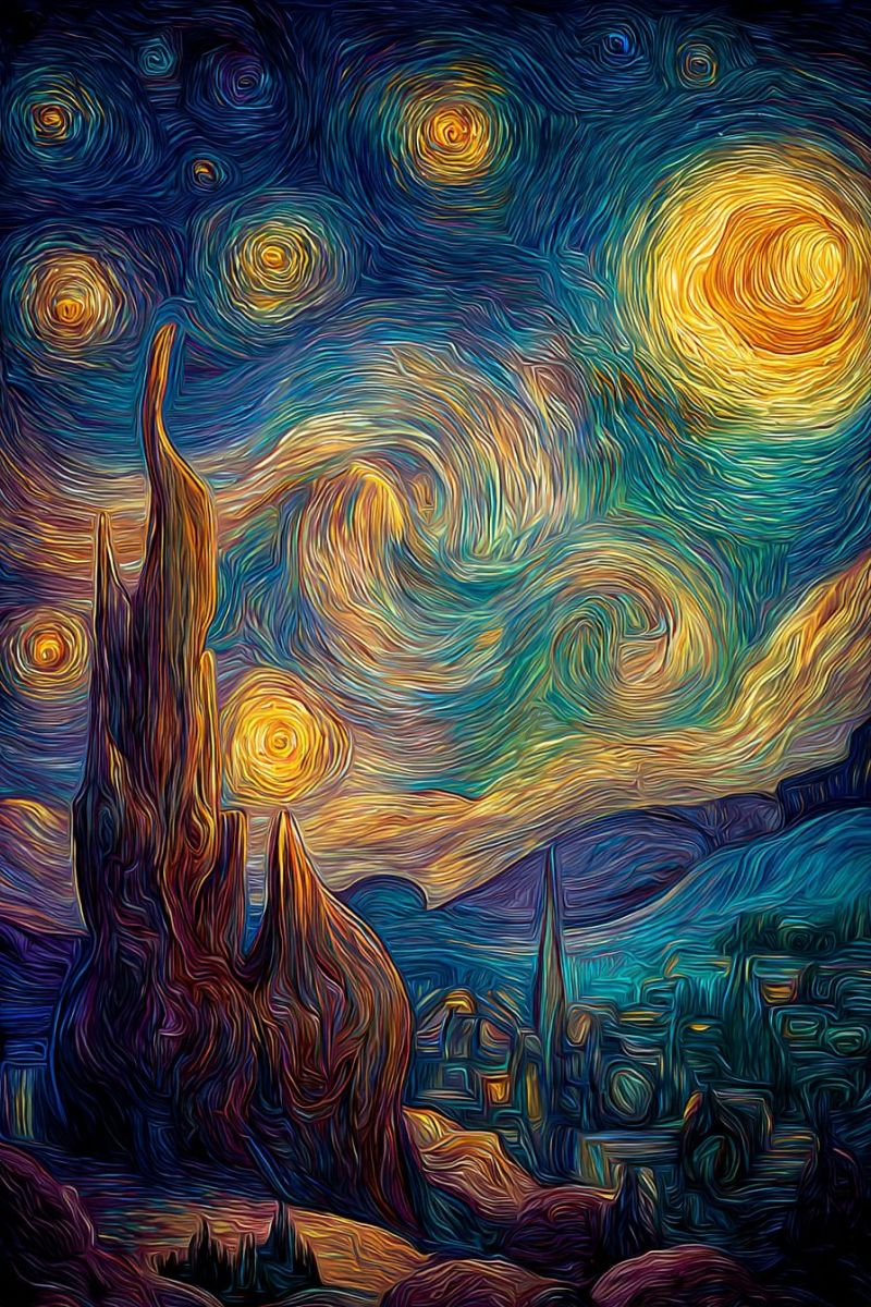 Painting city town buildings architecture mountains hills trees rocks clouds sun moon stars starry night sky vibrant, stylized night sky filled with swirling patterns of blues, yellows, and oranges. The sky is dominated by a large, glowing yellow moon with radiating lines that give it a dynamic, almost ethereal appearance. Surrounding the moon are several swirling stars, each with a unique pattern of lines that create a sense of movement. Below the sky, a landscape unfolds with a mix of dark and light colors, featuring a silhouette of a rocky formation and a distant cityscape with buildings and a tower. The overall scene is bathed in a surreal, dreamlike quality, with colors blending seamlessly into one another.
