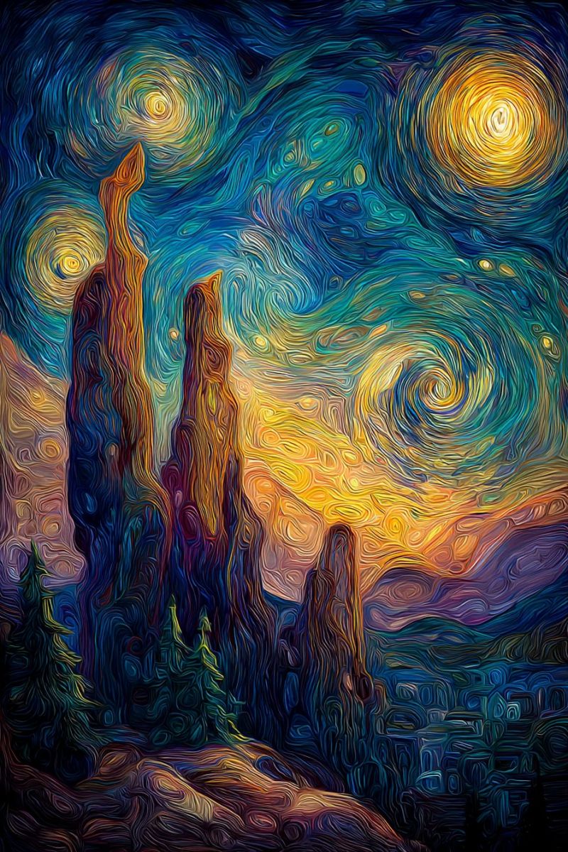 Stars mountains trees painting colorful sky clouds sunset horizon shadows texture impressionism night rock formations brush strokes modern surreal landscape under a night sky filled with vibrant colors. The sky is a mix of deep blues, purples, and yellows, with swirling patterns that resemble a starry night. Two prominent rock formations stand out against the sky, their shapes exaggerated and stylized. The foreground features a silhouette of a person, adding a sense of scale and presence to the scene. The background includes a mountainous terrain, with trees and a distant horizon that fades into the night. The overall effect is dreamlike and otherworldly, with a focus on the interplay of light and color.