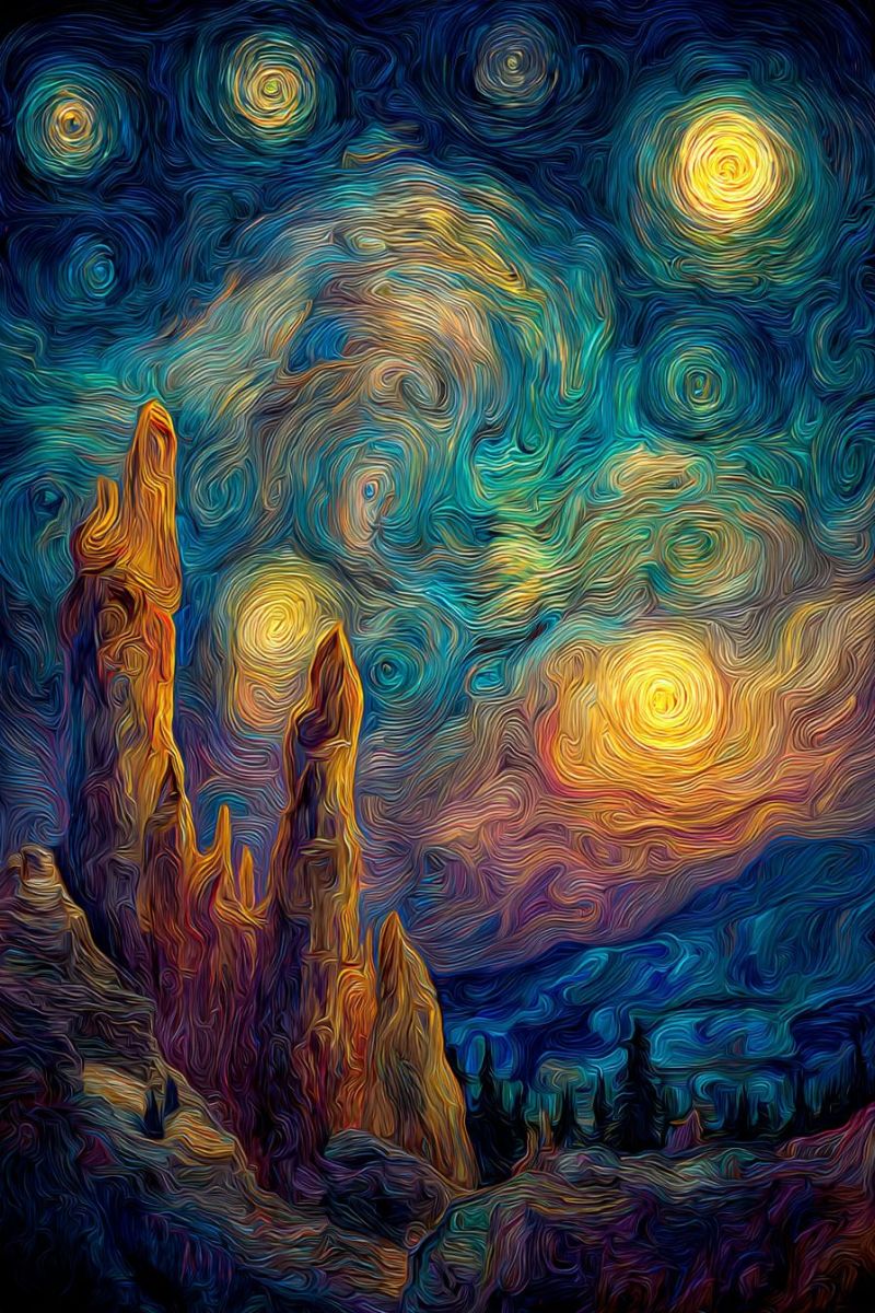 Stars moon mountain painting colorful clouds sunset sun yellow orange blue green purple trees forest night sky rock formation ight sky filled with swirling, vibrant colors. The sky is a mix of deep blues, purples, and greens, with swirling patterns that give it a dynamic, almost liquid-like quality. In the foreground, there are jagged rock formations with sharp, angular shapes, painted in shades of orange, yellow, and purple. The rocks are illuminated by the light of two large, glowing suns or moons, one yellow and one orange, both surrounded by bright, swirling halos. The sky is dotted with several circular, glowing stars, adding to the celestial atmosphere. The overall effect is one of a surreal, dreamlike landscape, with a sense of movement and energy in the swirling patterns of the sky.