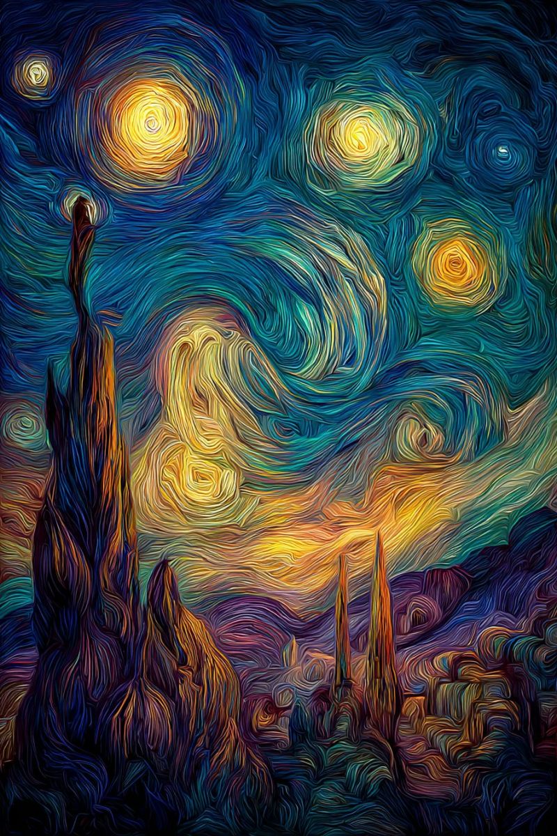 Painting colorful impressionist starry night sky stars moon clouds trees hills mountains village town van gogh ight sky filled with swirling, vibrant colors. The sky is dominated by swirling patterns of blues, greens, and yellows, creating a dynamic and almost otherworldly atmosphere. In the foreground, there are tall, abstract structures that resemble trees or spires, painted in deep purples and blues. The sky is adorned with several large, glowing stars, each surrounded by swirling patterns that give them a radiant, almost magical appearance. The overall effect is one of movement and energy, with the colors blending and swirling in a way that suggests a sense of depth and infinity.