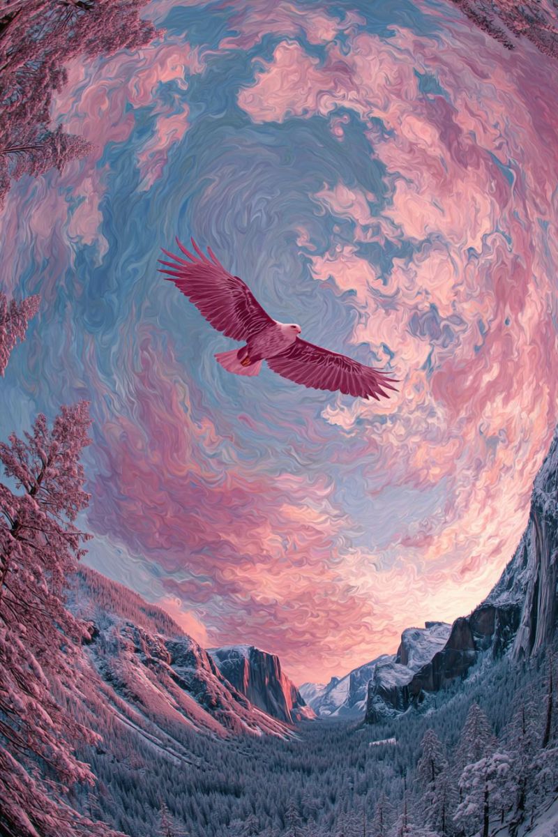 Eagle mountain sky sunset nature wildlife bird flight valley forest tree snow rock cliff hill meadow water reflection A majestic eagle soars through a surreal, vibrant sky filled with swirling pink and blue hues. The eagle's wings are spread wide, and its body is angled slightly downward, suggesting a powerful dive. The background features a mountainous landscape with snow-covered peaks and trees dusted in pink, creating a dreamlike atmosphere. The sky above is a blend of soft, flowing clouds and abstract patterns, adding to the fantastical quality of the scene.