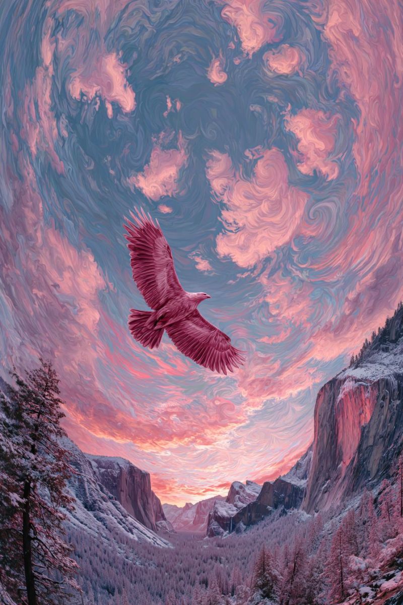 Eagle mountain sky sunset nature wildlife bird flight valley cliff trees snow rock forest hill water A majestic eagle with vibrant pink feathers soars gracefully through a surreal sky filled with swirling pink and blue clouds. The sky transitions into a warm sunset hue, casting a soft pink glow over the snowy mountain landscape below. The mountains are covered in snow, with trees and rocky cliffs visible. The scene is a blend of natural beauty and artistic interpretation, creating a dreamlike atmosphere.