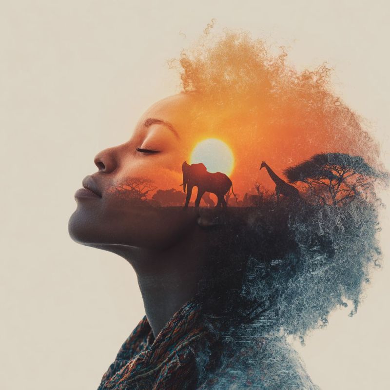 Femme coucher soleil elephant girafe faune nature safari reve imagination beaute inspiration liberte aventure exploration creativite expression Femme avec les yeux fermés, son visage partiellement obscurci par un superposition stylisé et texturé qui ressemble à un coucher ou lever de soleil. La superposition inclut des silhouettes d'un éléphant, d'une girafe et d'un arbre, suggérant un paysage naturel, possiblement africain. Le fond est un dégradé de couleurs chaudes, passant de l'orange au jaune, avec un soleil brillant au centre. Les cheveux de la femme sont coiffés de manière à se fondre avec le fond, créant un effet artistique et harmonieux. Elle porte un foulard à motifs autour du cou, ajoutant une touche de texture et de couleur à la composition.
