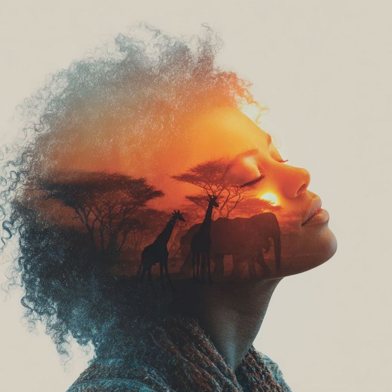 Femme coucher soleil faune nature reveur inspiration liberte beaute safari aventure Femme aux cheveux bouclés, le visage tourné de côté et les yeux fermés. Ses cheveux sont dégradés et texturés, se fondant dans un fond de coucher de soleil. Le coucher de soleil est vibrant avec des teintes chaudes orange et rouge, et dans ce fond, des silhouettes d'animaux sont visibles. Celles-ci incluent deux girafes, l'une debout et l'autre marchant, et un éléphant marchant dans la même direction. La scène se déroule sur un fond d'arbres, avec le soleil se couchant derrière eux, projetant de longues ombres et créant une atmosphère sereine, presque magique.
