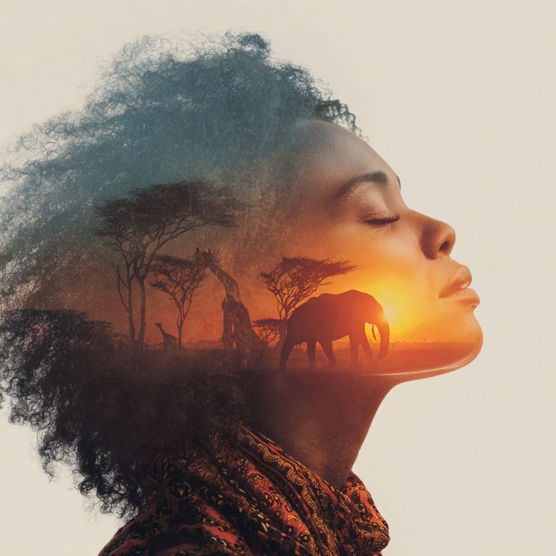 Femme elephant safari vie sauvage nature coucher soleil reve imagination fantaisie beaute inspiration liberte aventure exploration creativite double Femme aux cheveux bouclés, son visage partiellement obscurci par une silhouette d'un paysage. Le paysage inclut une silhouette d'un éléphant, d'une girafe et d'arbres, tous baignés dans la lumière chaude et dorée d'un coucher de soleil. Le visage de la femme est serein, avec les yeux fermés, et elle porte un foulard à motifs autour du cou. L'arrière-plan est un mélange des cheveux de la femme et du paysage, créant un effet surréaliste et artistique.