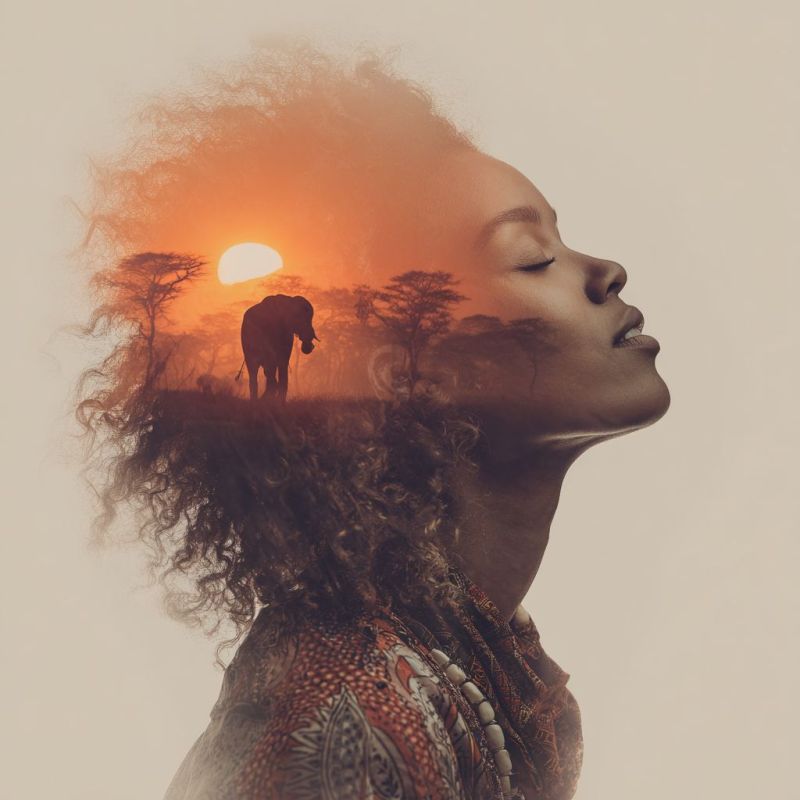 Woman elephant sunset nature wildlife beauty dreamy inspiration freedom adventure exploration emotion creativity imagination harmony woman with curly hair, her face turned to the side, and her eyes closed. Her hair appears to be layered, with some strands blending into the background. The background is a sunset scene with a silhouette of an elephant standing in the foreground. The sun is setting behind the elephant, casting a warm glow on the scene. The sky is a mix of orange and pink hues, and the silhouette of trees is visible in the background. The woman's face and hair are slightly blurred, creating a dreamy and ethereal effect.