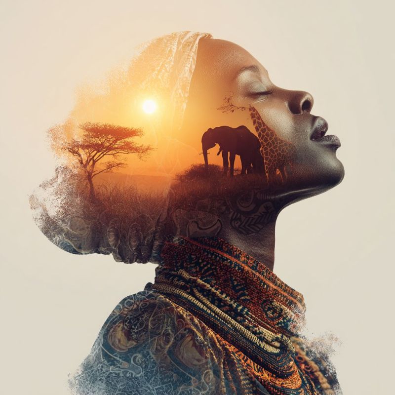 Femme africaine coucher soleil elephant girafe arbre nature faune beaute accessoires Gros plan du visage d'une femme, les yeux fermés et la tête légèrement inclinée sur le côté. Son visage est orné de motifs et de dessins complexes, représentant peut-être l'art traditionnel africain. Derrière elle, il y a une silhouette de girafe et d'éléphant, sur fond de soleil couchant et d'un arbre. Le fond est un mélange de teintes chaudes et dorées, créant une atmosphère sereine et paisible. Les cheveux de la femme sont coiffés de manière à ressembler à une couronne, ajoutant à l'aspect royal et majestueux de l'image.