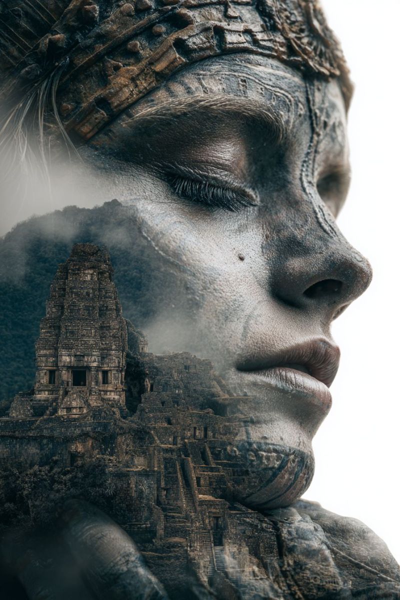 Ancient architecture beauty building city culture design fashion female forest head heritage history human jungle A close-up of a woman's face with her eyes closed, her face is painted with intricate designs that resemble ancient architecture. The designs cover her entire face, including her forehead, cheeks, and chin. The woman's face is painted in shades of brown and gray, and the designs are detailed and intricate. The background is blurry, and it seems to be a temple or a structure made of stone.