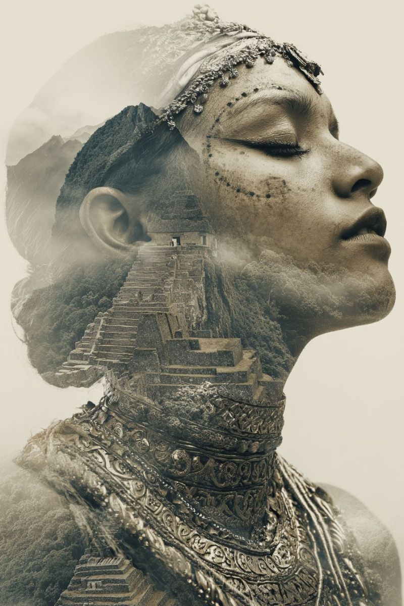 Ancien architecture beaute classique composition culture design elegance ethnique fusion histoire inspiration bijouterie superpose double exposit Le visage d'une femme est superposé à une ancienne structure en pierre, peut-être un temple, se fondant parfaitement dans sa peau. Son visage est orné de marques tribales complexes et d'un heaume qui semble être fait de matériaux naturels. La structure du temple est détaillée avec des marches menant à une plateforme centrale, entourée d'une végétation dense. L'image a un filtre monochrome, lui donnant une qualité intemporelle, presque éthérée.