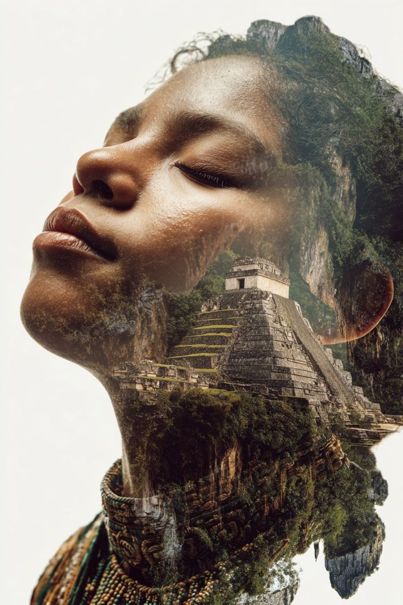 Ancient architecture beauty building city composition culture design ethnic fashion female girl head A woman's face is superimposed over an ancient Mayan pyramid, blending her features with the stone structure. Her eyes are closed, and her hair is styled in a way that resembles the greenery of the jungle. The pyramid is intricately detailed, with steps leading up to a small building at the top. The background is a lush, green forest, with the pyramid and the woman's face appearing to be part of the same landscape.