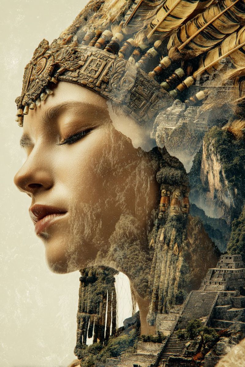 Ancient architecture beauty culture design ethnic fashion feathers female forest headband heritage history jewelry mask mountain nature profile A woman's face is intricately layered with a headdress and a mountain landscape. The headdress is adorned with feathers and beads, and her face is partially covered by a stone structure. The background features a mountain with a stone staircase and a temple, blending with the woman's face. The image has a surreal, dreamlike quality, with the woman's face appearing to be made of stone.