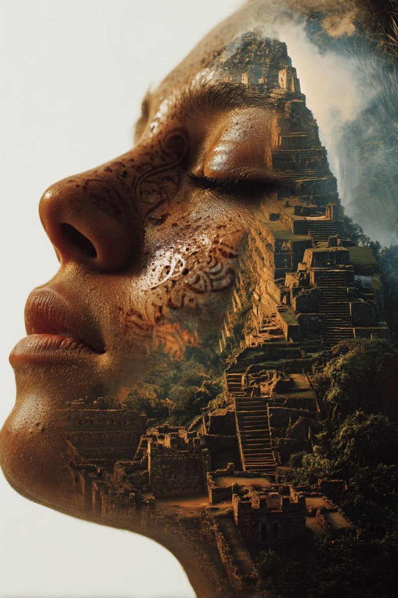 Ancien architecture beaute batiment ville culture design visage feminin fille coiffure tableau tatouages Gros plan d'un visage de femme avec des motifs complexes peints sur sa peau, ressemblant à des tatouages tribaux anciens. Ses yeux sont fermés et son visage est serein. Les motifs sur son visage se fondent harmonieusement avec une vue aérienne d'une structure en pierre, peut-être un temple ou une ruine, entourée d'une végétation luxuriante. La structure en pierre est détaillée avec des marches et des terrasses, suggérant un site historique ou archéologique. L'effet global est une fusion surréaliste de traits humains et d'architecture ancienne, créant une composition mystique et artistique.