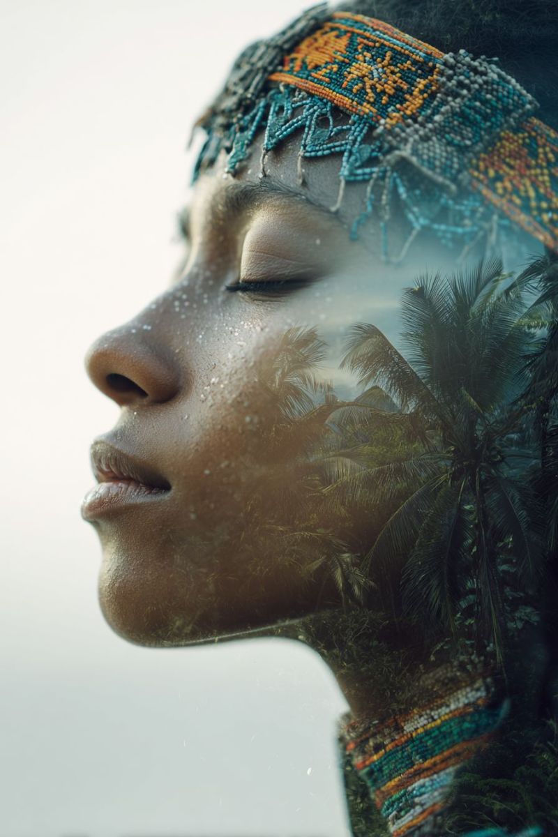 Woman headband beads necklace earrings ear earring palm trees close-up of a woman's face, with her eyes closed and her lips slightly parted. She has a beaded headband adorned with blue, yellow, and green beads, and her face is partially covered by a translucent overlay of a tropical scene. The overlay includes palm trees and a sky, giving the impression of being in a serene, natural environment. The woman's skin has a slight sheen, possibly from water droplets or a light mist, adding to the ethereal quality of the image. The background is blurred, focusing attention on the woman's serene expression and the intricate details of her adornments.