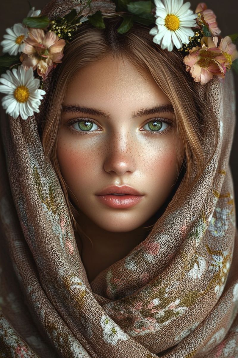 Woman flowers hair wearing floral scarf eyes striking contrast jewelry crown caucasian female soft focus elegant fashion trendy Woman flowers hair wearing floral scarf eyes striking contrast jewelry crown caucasian female soft focus elegant fashion trendy