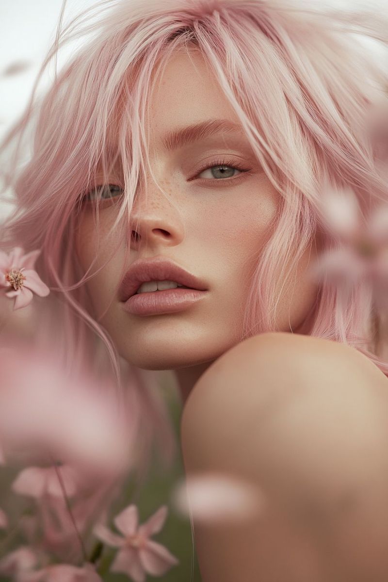 Cheveux rose mannequin beaute mode maquillage pastel fleurs printanieres coiffure tendance feminine publicitaire look moderne publicite Cheveux rose mannequin beaute mode maquillage pastel fleurs printanieres coiffure tendance feminine publicitaire look moderne publicite