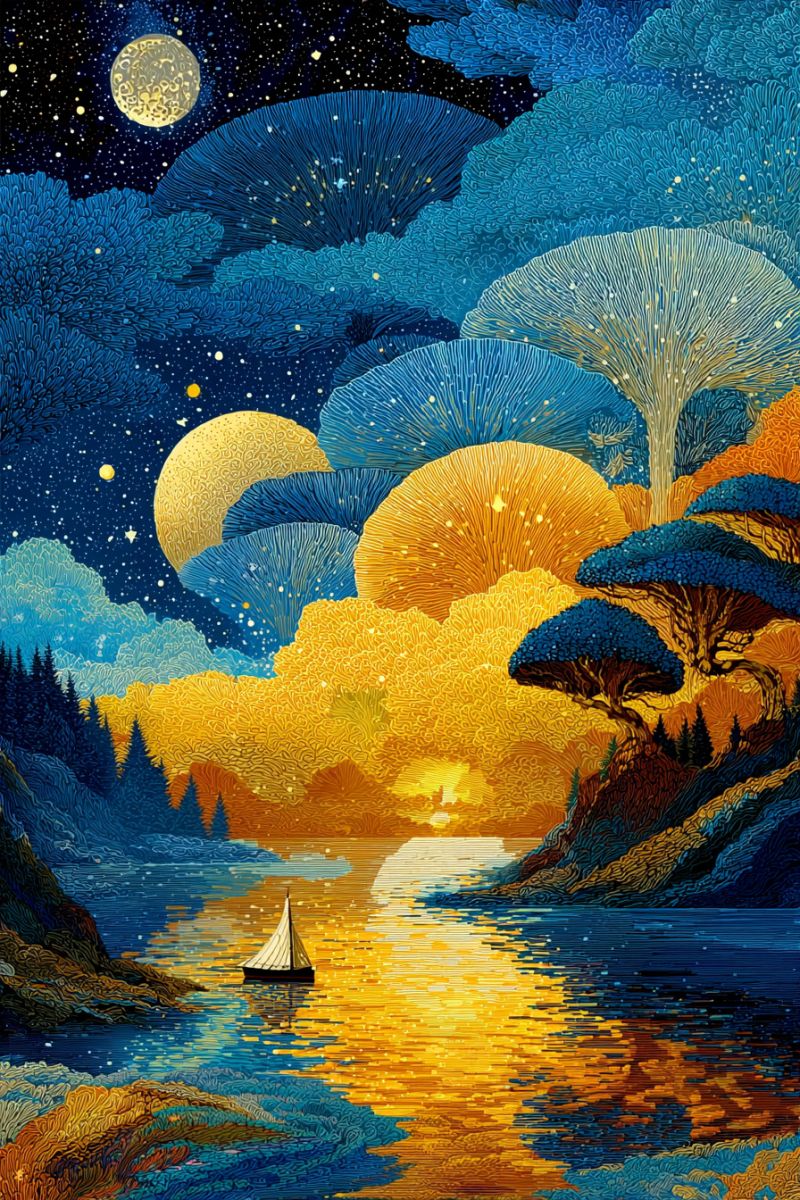 Nuit ciel lune etoiles nuages champignons arbres lac bateau eau reflet rivage collines foret fantaisie onirique Scène de nuit sereine avec un petit voilier flottant sur un plan d'eau calme. L'eau reflète les teintes chaudes du soleil couchant, créant un dégradé d'orange et de jaune. Le ciel est d'un bleu profond, parsemé d'étoiles et d'une grande lune lumineuse. Au-dessus de l'eau, il y a des structures fantastiques en forme de champignon dans des nuances de bleu et de jaune, ajoutant une touche fantaisiste au paysage. Sur le côté gauche, il y a des silhouettes d'arbres et une chaîne de montagnes au loin. L'atmosphère générale est tranquille et magique, mêlant des éléments de la nature et de la fantaisie.