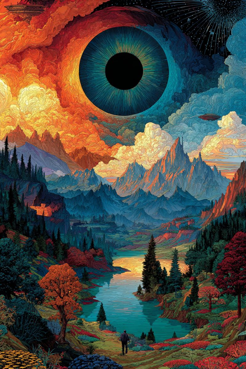 Mountains lake trees sky clouds eye sun fire water reflection nature painting colorful fantasy dreamlike surreal Paysage surréaliste avec un grand oeil dominant le ciel. L'oeil est bleu avec une pupille noire, entouré de nuages tourbillonnants dans des nuances d'orange, de jaune et de bleu. Sous l'oeil, un coucher de soleil ou un lever de soleil enflammé illumine le ciel, projetant des teintes chaudes sur la scène. Au premier plan, un lac serein reflète les couleurs vibrantes du ciel. Des montagnes aux pics déchiquetés s'élèvent en arrière-plan, leurs pentes parsemées d'arbres et d'arbustes. Une silhouette solitaire se tient près du lac, levant les yeux vers l'oeil. L'atmosphère générale est mystique et onirique, mêlant des éléments de la nature et de la fantaisie