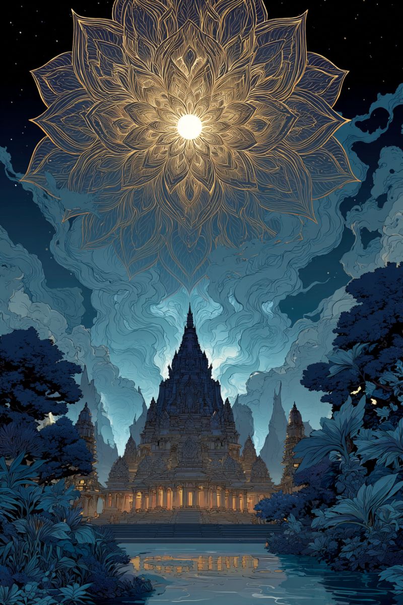 Temple night sky building architecture water reflection trees clouds moon stars fantasy painting imagination An illustration of a grand temple with intricate designs, situated in a lush, green forest. The temple is surrounded by tall trees and dense foliage, with a serene body of water reflecting the temple's lights. The sky above is dark, with a glowing, golden flower-like pattern, and a bright moon shining brightly in the center. The temple's architecture is detailed, with multiple levels and towers, and it appears to be a place of worship or meditation.