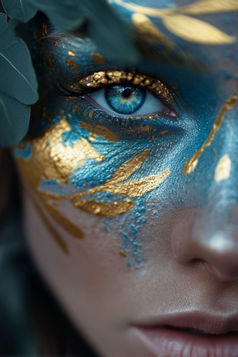 Eye makeup beauty fashion glitter gold blue leaf texture pattern design creative imagination A close-up of a woman's face with striking blue and gold face paint. The paint features intricate leaf-like patterns and swirls, blending seamlessly around her eyes and cheeks. Her eyes are a vibrant blue, with gold accents that highlight her gaze. The paint is applied with precision, creating a detailed and artistic effect. The woman's lips are subtly painted, adding to the overall dramatic look. The background is blurred, focusing attention on the detailed face paint.