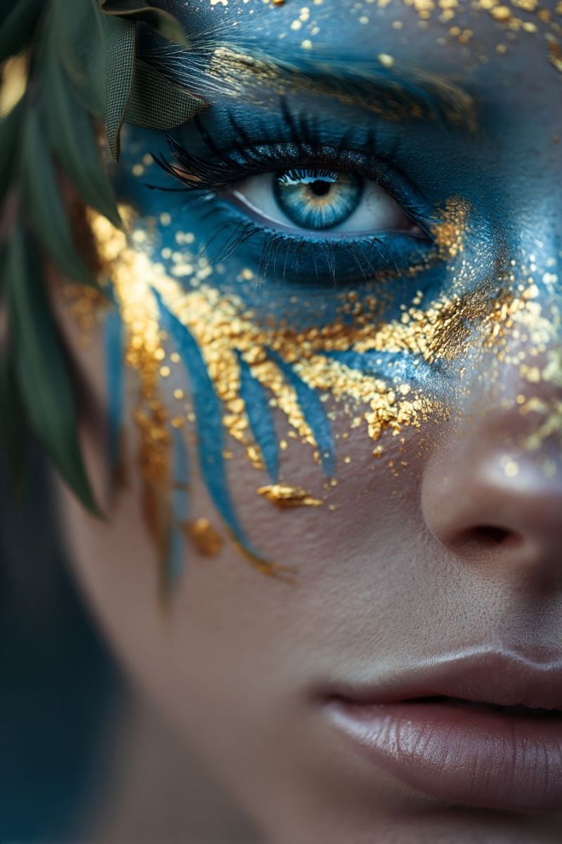 Eye makeup beauty fashion glitter gold blue eyelash eyebrow eyeshadow eyeliner paint painting design A close-up of a woman's face with striking makeup. Her eyes are heavily adorned with blue and gold glitter, creating a mesmerizing effect. The blue eyeshadow extends from her eyelids to her cheekbones, blending seamlessly with the gold accents. Her eyelashes are thick and dark, adding depth to her eyes. The gold glitter is intricately applied, forming leaf-like patterns around her eyes. Her lips are softly pink, and her skin appears smooth and flawless. The overall look is dramatic and artistic, with a focus on the eyes and the intricate details of the makeup.