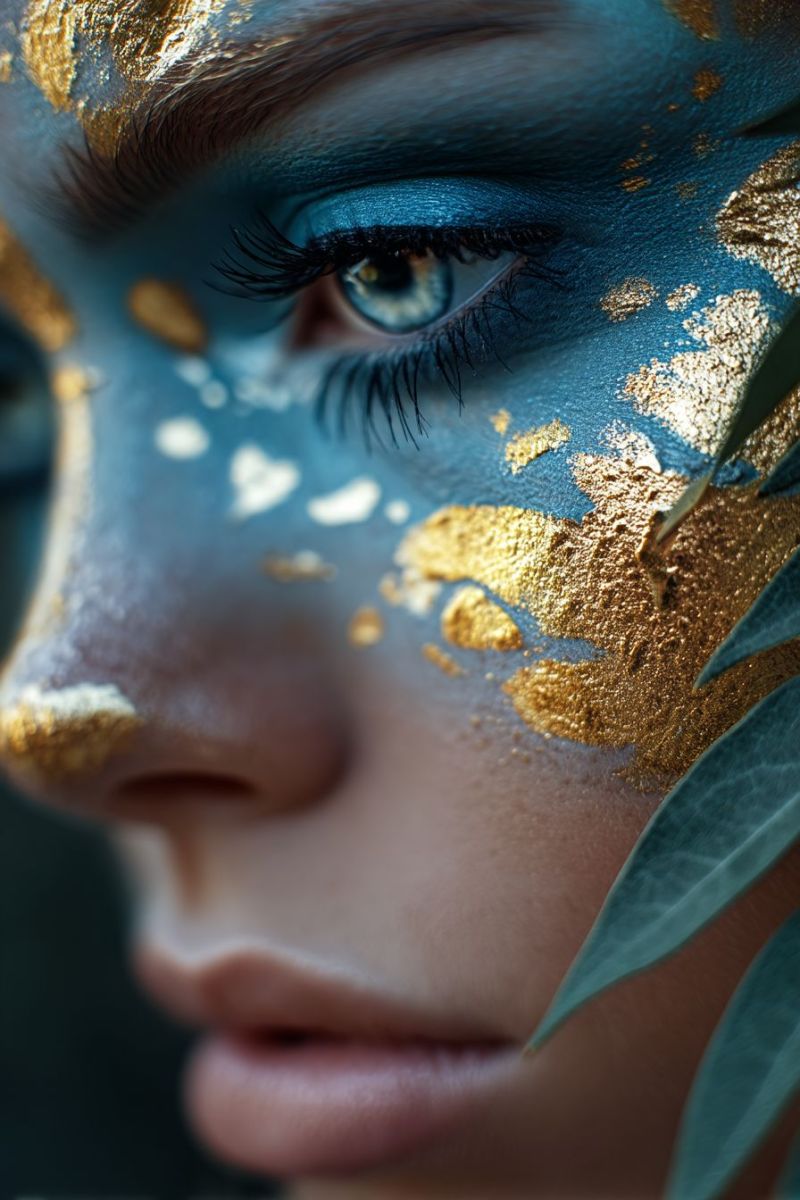 Eye makeup gold blue skin eyelash eyebrow beauty paint painting design ideas techniques tutorial tips A close-up of a woman's face with striking blue and gold face paint. Her eyes are prominently featured, with blue eyeshadow and long, dark lashes. The blue paint covers her cheeks, forehead, and around her eyes, blending seamlessly with gold accents that add a shimmering effect. The gold paint is applied in a way that resembles a map or a constellation, with intricate patterns and dots. Her lips are subtly painted, and her skin appears smooth and flawless. The background is blurred, with a hint of green leaves, possibly from a plant, adding a natural touch to the overall look.