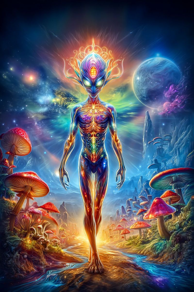 Alien fantasy space mushroom extraterrestrial life planet creature anatomy physiology biology evolution ecosystem environment flora fauna technology A tall, ethereal figure stands in a vibrant, otherworldly landscape. The figure has a large, glowing eye and a smaller one on its forehead, with a colorful, glowing aura around its head. Its body is a mix of vibrant colors, resembling a human form with glowing veins. The background features a surreal mix of colors, with a large planet, mushrooms, and a small stream. The sky is a mix of blues, purples, and greens, with stars and a glowing light in the distance.