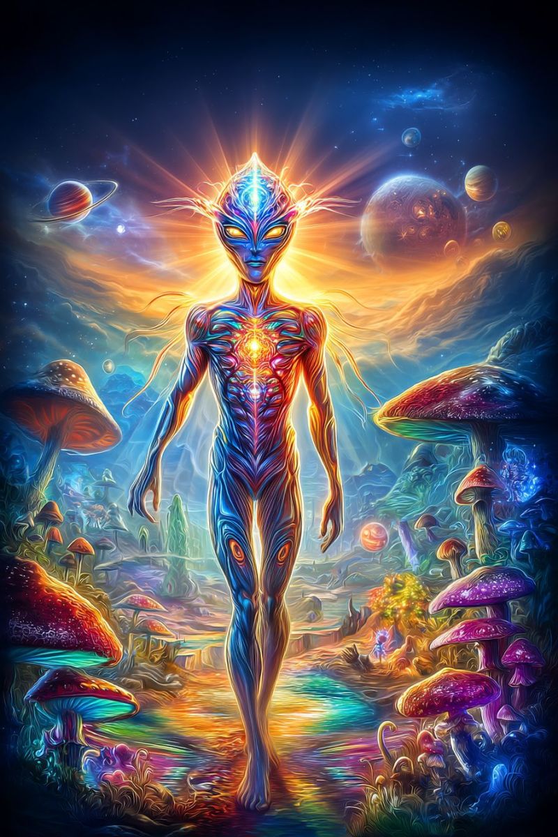 Alien space fantasy mushroom planet cosmos extraterrestrial universe imagination colorful dream magic exploration galaxy surrealism night science fict An alien figure stands in a vibrant, otherworldly landscape. The figure has a tall, slender body with a glowing, multicolored pattern on its skin. Its head is large and features glowing, yellow eyes. The figure's arms are extended outward, and it appears to be walking through a colorful, magical forest filled with large, glowing mushrooms of various colors. The background is a mix of deep blues, oranges, and purples, with planets and stars scattered throughout. The scene is surreal and filled with a sense of wonder and mystery.