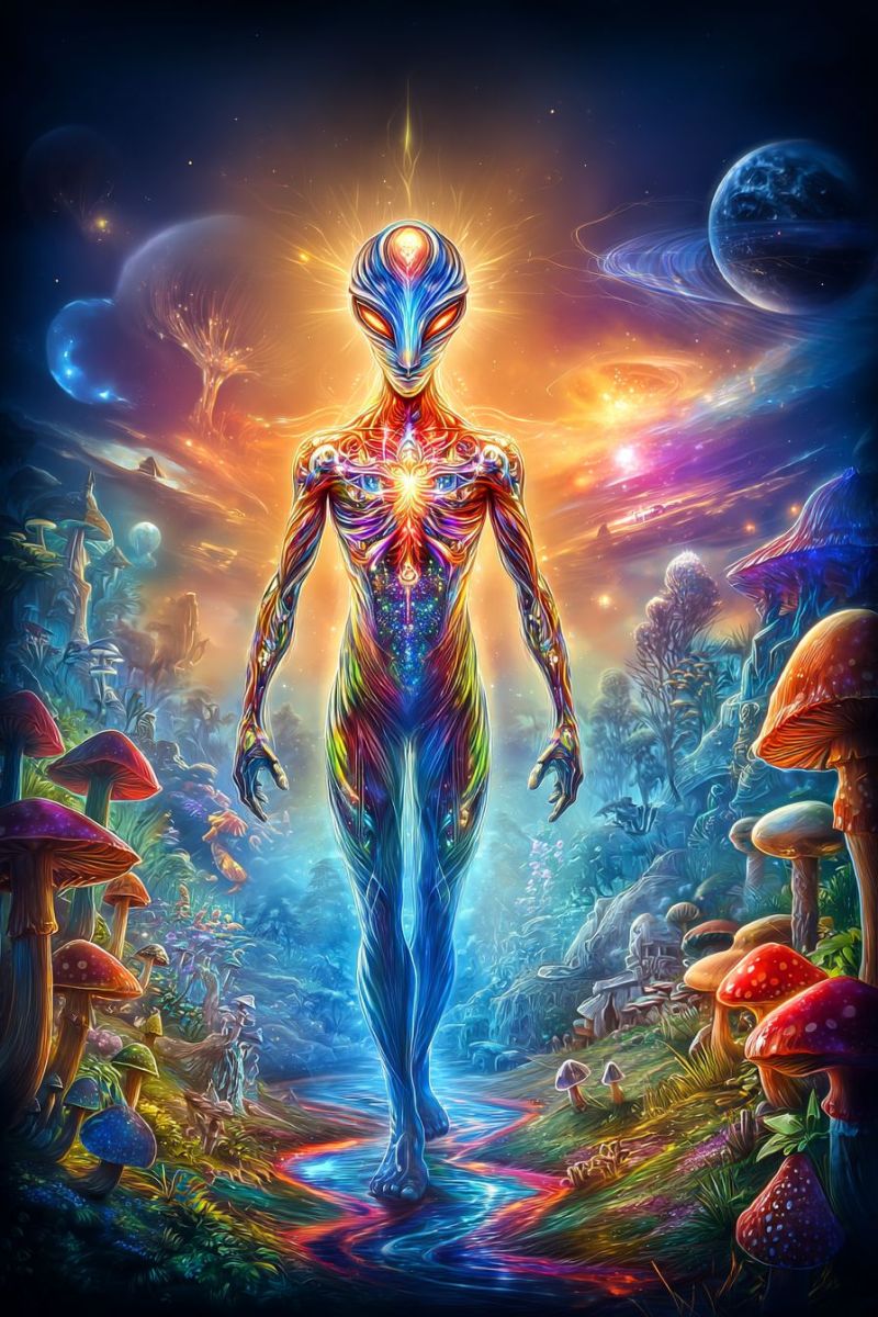 Extraterrestre fantaisie espace cosmos champignons foret eau eclat imagination onirique surrealisme aliens planete Une figure éthérée se dresse dans un paysage vibrant et d'un autre monde. La figure a une forme humanoïde avec une grande tête lumineuse, de grands yeux et un corps qui brille avec un spectre de couleurs. La peau de la figure est un mélange de bleus, verts et violets, avec des motifs complexes qui semblent pulser avec la lumière. L'arrière-plan est un mélange surréaliste de couleurs, avec une galaxie dans le ciel, des planètes et une nébuleuse tourbillonnante. Le sol est couvert d'une variété de champignons, certains avec des couleurs vives et des motifs. La scène globale est remplie d'un sentiment d'émerveillement et de mystère.