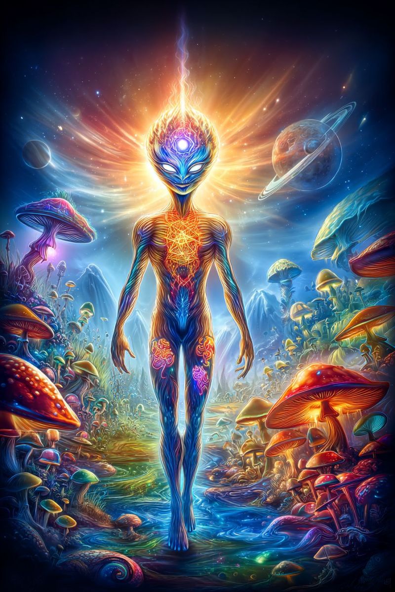 Extraterrestre espace champignons fantaisie cosmos univers planetes energie aura surrealisme onirique imagination ethere mystique Une figure éthérée se tient dans un paysage vibrant et d'un autre monde. La figure a un corps lumineux et multicolore avec des motifs complexes et une grande tête lumineuse avec un visage bleu et de grands yeux expressifs. Le corps de la figure est orné de symboles et de motifs lumineux, et il semble émettre une lumière brillante. L'arrière-plan est un mélange surréaliste de couleurs, avec un ciel sombre et étoilé et un paysage lumineux et multicolore rempli de champignons de diverses formes et tailles. Les champignons sont de différentes couleurs, notamment rouge, orange, jaune et vert, et certains d'entre eux ont des chapeaux lumineux. Au loin, il y a des planètes et d'autres corps célestes.