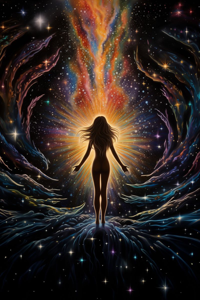 Cosmic science fiction imagery astrology astronomy female central subject space composition painting woman vibrant and fantastical scene. At the center, there is a figure woman with her eyes closed, radiating energy or light from within herself. She seems to be in a meditative or ecstatic state, floating on a celestial background filled with swirling patterns and cosmic imagery. The colors are vivid, ranging from warm yellows, oranges, and pinks that radiate from the figure's body to cooler blues, purples, and greens surrounding her. The setting is expansive and otherworldly, giving an impression of being in a galaxy or universe with intricate patterns and possibly stylized representations of stars or nebulas. The style of the image is reminiscent of a psychedelic poster or album artwork, characterized by bright colors, surreal imagery, and abstract shapes that contribute to its cosmic and ethereal theme.