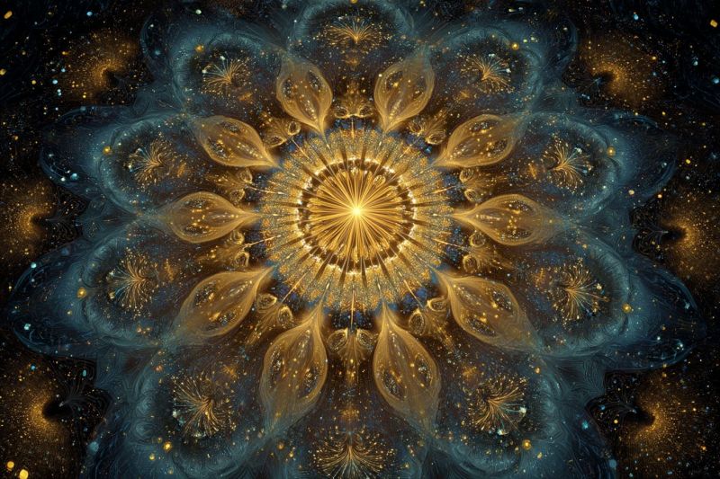 Bleu brillant complexe design fleur fractal geometrique eclat dore espace etoile texture Design circulaire central avec un noyau jaune doré rayonnant vers l'extérieur en motifs complexes et superposés. Autour de ce noyau se trouvent plusieurs couches de formes abstraites et fluides dans des nuances de bleu et d'or, créant un sentiment de profondeur et de mouvement. Les couches extérieures sont ornées de structures délicates en forme de plumes qui s'étendent vers l'extérieur, se fondant harmonieusement dans un arrière-plan sombre et étoilé. L'effet global est celui d'une floraison éthérée et fascinante, le noyau central symbolisant une source rayonnante de lumière et d'énergie.