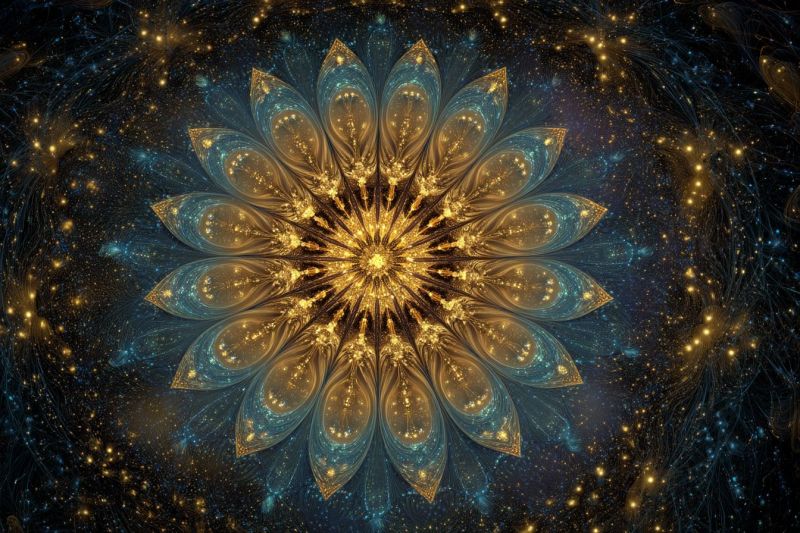 Blue bright colorful complex cosmic cosmos design flower fractal galaxy geometric glowing golden star large, intricate flower at its center, surrounded by a dark, starry background. The flower is composed of multiple layers of petals, each one overlapping the next, creating a sense of depth and complexity. The petals are a mix of golden and blue hues, with the golden petals radiating outwards from the center, while the blue petals form a protective outer layer. The center of the flower is a bright, golden yellow, with a few small, dark spots scattered throughout. The background is a deep, dark blue, with tiny, twinkling stars scattered throughout, adding to the mystical and otherworldly feel of the image.