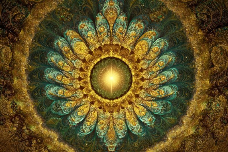 Magnifique complexe design fleur fractal geometrique dore vert intrique paon texture plume Design circulaire central avec une lumière brillante et radieuse à son coeur. Autour de cette lumière se trouvent des motifs complexes et superposés qui ressemblent à des pétales ou des feuilles, réalisés dans des nuances de bleu-vert, or et brun. Ces motifs créent un sentiment de profondeur et de mouvement, certaines zones apparaissant plus tridimensionnelles que d'autres. Le fond est une riche tapisserie de motifs ornés et tourbillonnants qui se fondent harmonieusement avec le motif central, renforçant le sentiment global d'harmonie et de complexité. Les couleurs et les motifs suggèrent un mélange d'éléments naturels et artistiques, évoquant un sentiment de beauté et de mystère