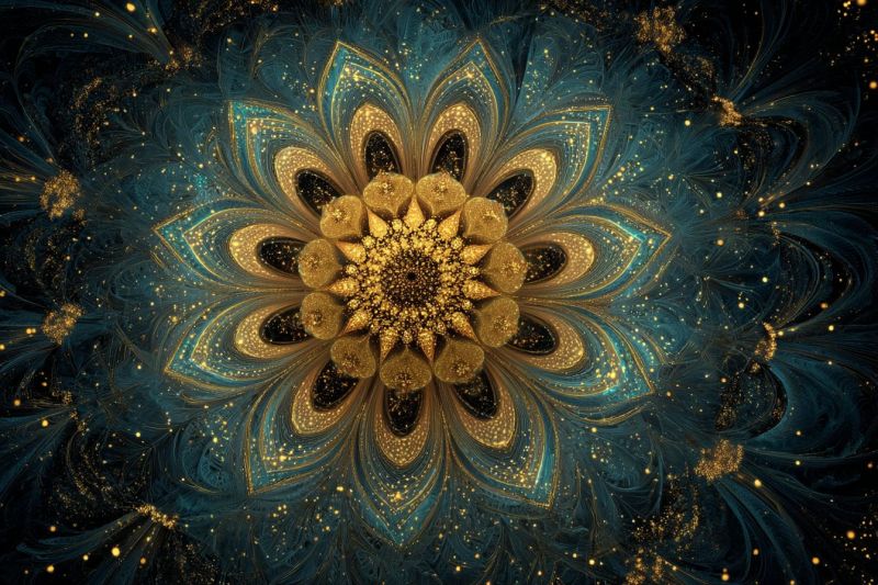 Magnifique bleu brillant complexe design fleur fractal geometrique lumineux dore texture jaune Grande fleur complexe au centre, entourée de motifs tourbillonnants. La fleur est composée de plusieurs couches de pétales, la couche la plus externe étant dorée et la couche la plus interne étant bleu foncé. Les pétales sont disposés en un motif en spirale, créant un sentiment de profondeur et de mouvement. Le fond est d'un bleu profond, avec de petits points dorés dispersés partout, ajoutant un sentiment d'étincelle et de texture. L'effet global est celui de complexité et de beauté, avec la fleur et son environnement créant un sentiment d'émerveillement et d'admiration.