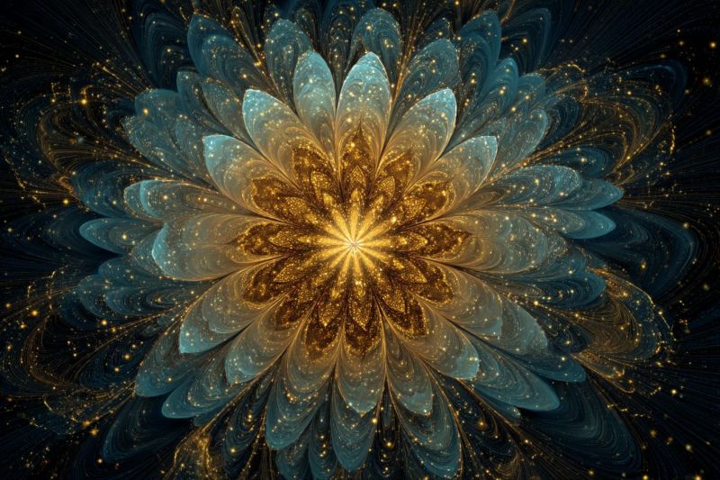 Magnifique bleu brillant complexe design fleur fractal geometrique eclat etoile texture jaune Grande fleur complexe en son centre, composée de multiples couches de pétales. Les pétales sont un mélange de teintes bleu profond et dorées, les pétales dorés rayonnant à partir d'un centre blanc brillant. Les pétales de la fleur sont légèrement translucides, permettant à la lumière du centre de transparaître, créant un effet scintillant. Le fond est sombre, avec des lumières dorées et bleues dispersées qui ressemblent à des étoiles, ajoutant à l'atmosphère mystique et éthérée. La composition globale est symétrique, avec les pétales disposés en un motif circulaire, donnant l'impression d'une fleur en pleine floraison dans un cadre cosmique.