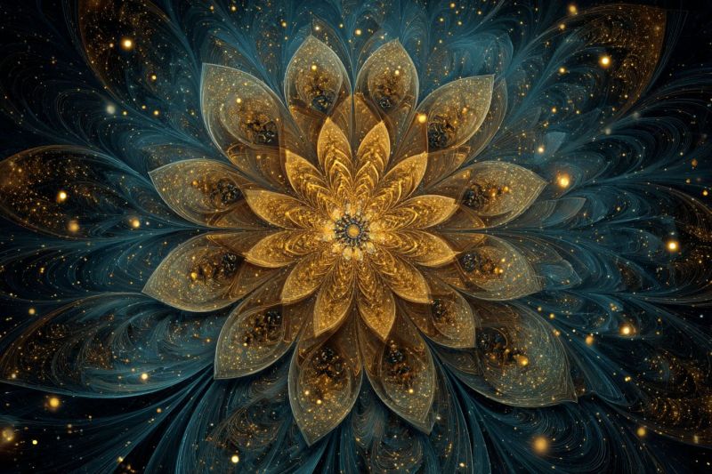 Fleur magnifique bleu lumineux complexe design elegant fractal geometrique eclatant dore etoile texture Grande fleur complexe au centre, composée de pétales dorés qui rayonnent vers l'extérieur en un motif en spirale. Les pétales sont superposés et texturés, donnant à la fleur une apparence tridimensionnelle. La fleur est entourée d'un fond bleu foncé parsemé de minuscules points jaunes et dorés brillants, ressemblant à des étoiles. Les pétales eux-mêmes sont ornés d'un mélange de teintes dorées et bleues, créant un effet scintillant. La composition globale est symétrique, le centre de la fleur étant le point focal, et les éléments de fond ajoutant de la profondeur et de la dimension à l'image.