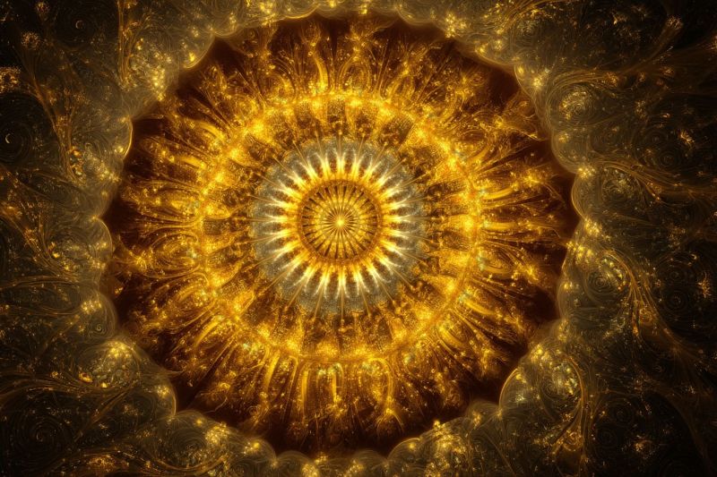 Bright circle colorful complex design flower fractal geometric glow golden pattern ratio spiral circular design with a central golden-yellow core radiating outward in concentric layers. The core is surrounded by intricate, swirling patterns that transition from dark brown to lighter shades of gold and silver. These patterns create a sense of depth and movement, with some areas appearing more solid and others more ethereal. The overall effect is mesmerizing and dynamic, with a sense of energy and warmth emanating from the central core.