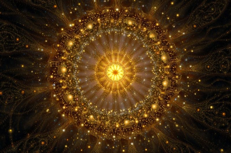 Bright circle colorful complex cosmic design energy explosion fractal galaxy glow golden pattern central golden-yellow circular pattern radiating outward, resembling a sun or star. This central pattern is surrounded by concentric rings of intricate, dark, and light gold designs that spiral outward. The background is dark, with scattered golden and white specks that add to the sparkling effect. The overall composition is symmetrical, with the central pattern being the focal point, surrounded by layers of detailed, fractal-like patterns.