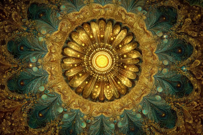Magnifique bleu lumineux complexe contemporain design elegant fleur fractal geometrique vert intrique Design circulaire avec un centre doré, ressemblant à une fleur. Les pétales sont dorés et finement détaillés, avec une apparence légèrement brillante. Autour des pétales se trouvent des couches de motifs complexes en vert foncé et bleu turquoise qui ressemblent à des feuilles ou des vignes, ajoutant de la profondeur et de la texture. Le fond est un mélange de brun foncé et d'or, créant un arrière-plan riche et orné. Le design global est symétrique et très détaillé, avec un sentiment de mouvement et de complexité.