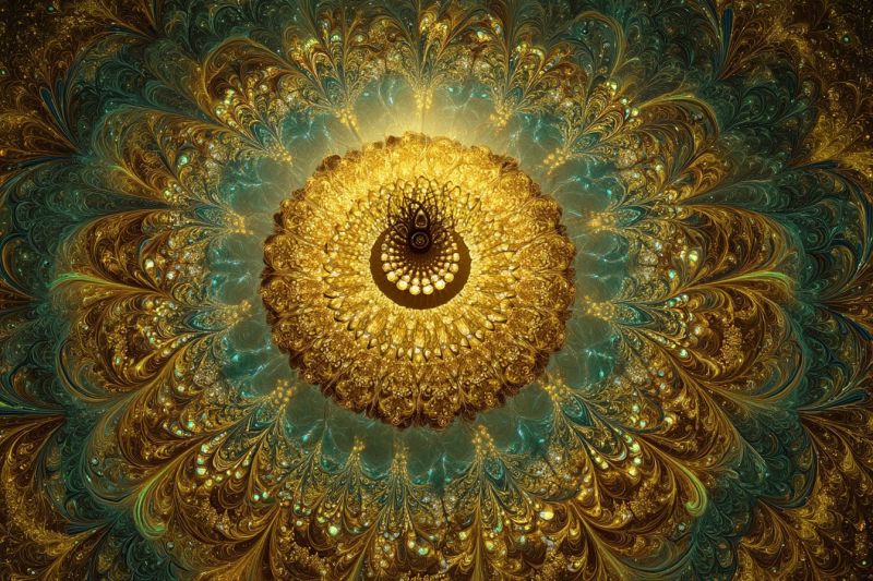 Magnifique bleu lumineux design fleur fractal geometrique vert texture jaune Design circulaire doré central avec des motifs complexes rayonnant vers l'extérieur. Le cercle central est entouré par une série d'anneaux concentriques, chacun orné de motifs tourbillonnants détaillés dans des nuances d'or, de bleu-vert et d'émeraude. La partie la plus externe de l'image est remplie d'un design complexe, presque fractal, qui combine ces couleurs de manière fluide et organique. L'effet global est celui de profondeur et de complexité, avec le centre doré attirant l'oeil vers les détails intriqués qui se déploient autour de lui