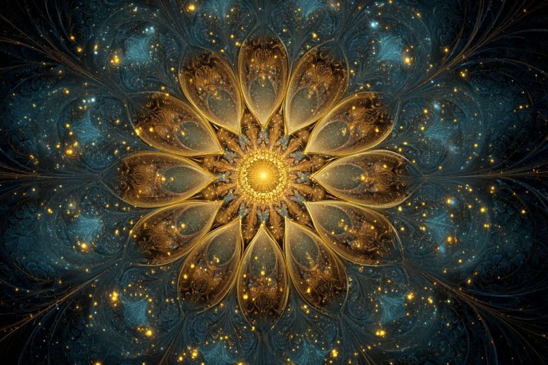 Bleu brillant complexe design fleur fractal geometrique lumineux dore etoile texture jaune Grande fleur complexe au centre, composée de pétales dorés qui rayonnent vers l'extérieur en un motif en spirale. Les pétales sont détaillés avec un éclat métallique, leur donnant un aspect réfléchissant, presque holographique. Le coeur de la fleur est jaune vif, éclairé d'une lumière chaude qui contraste avec le fond bleu foncé. Autour de la fleur se trouvent de plus petites lumières dorées dispersées qui ressemblent à des étoiles, ajoutant au thème céleste. Le fond est d'un bleu profond, avec des motifs tourbillonnants qui imitent les pétales de la fleur, créant un sentiment de profondeur et de mouvement. L'effet global est celui d'une scène mystique et d'un autre monde, avec la fleur se détachant comme un point focal de lumière et de beauté