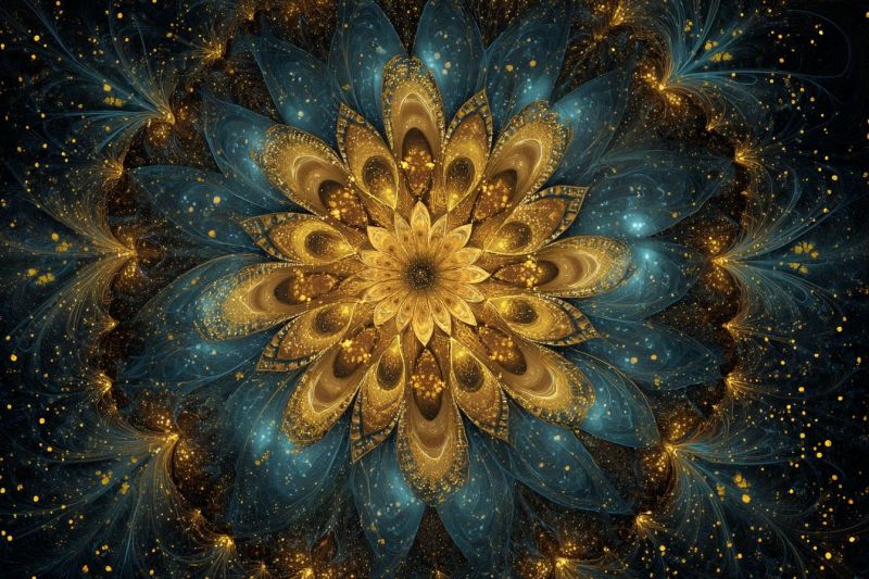 Blue bright colorful complex design flower fractal geometric glow gold golden pattern peacock feather large, intricate flower at its center, surrounded by a complex, abstract pattern. The flower is composed of multiple layers of petals, with the outermost petals being a deep blue color and the innermost petals a rich gold. The petals are adorned with small, sparkling yellow dots that resemble stars. The background is a dark blue, almost black, with golden and blue streaks that add depth and dimension to the image. The overall effect is one of a mesmerizing, otherworldly beauty, with the flower appearing to float in a vast, starry expanse.