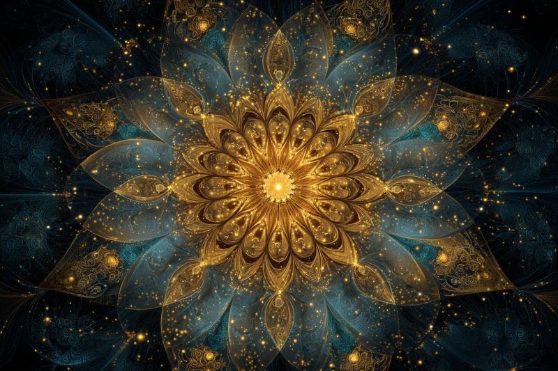 Fleur design geometrique texture nature symetrie fractal infinite zen meditation spiritualite cosmique galaxie Grand design de fleur complexe avec un coeur doré central entouré de couches de pétales bleus et dorés. Les pétales sont ornés de motifs délicats et tourbillonnants qui donnent au design une apparence tridimensionnelle, presque éthérée. Le fond est sombre, avec des lumières dorées et bleues dispersées qui ajoutent à l'ambiance mystique. L'effet global est celui d'une élégance et d'une complexité, avec un sentiment de profondeur et de mouvement